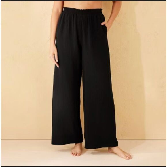 Shade and Shore Black Smocked Waist Side Slit Swim Cover Up Pants - Picture 1 of 5